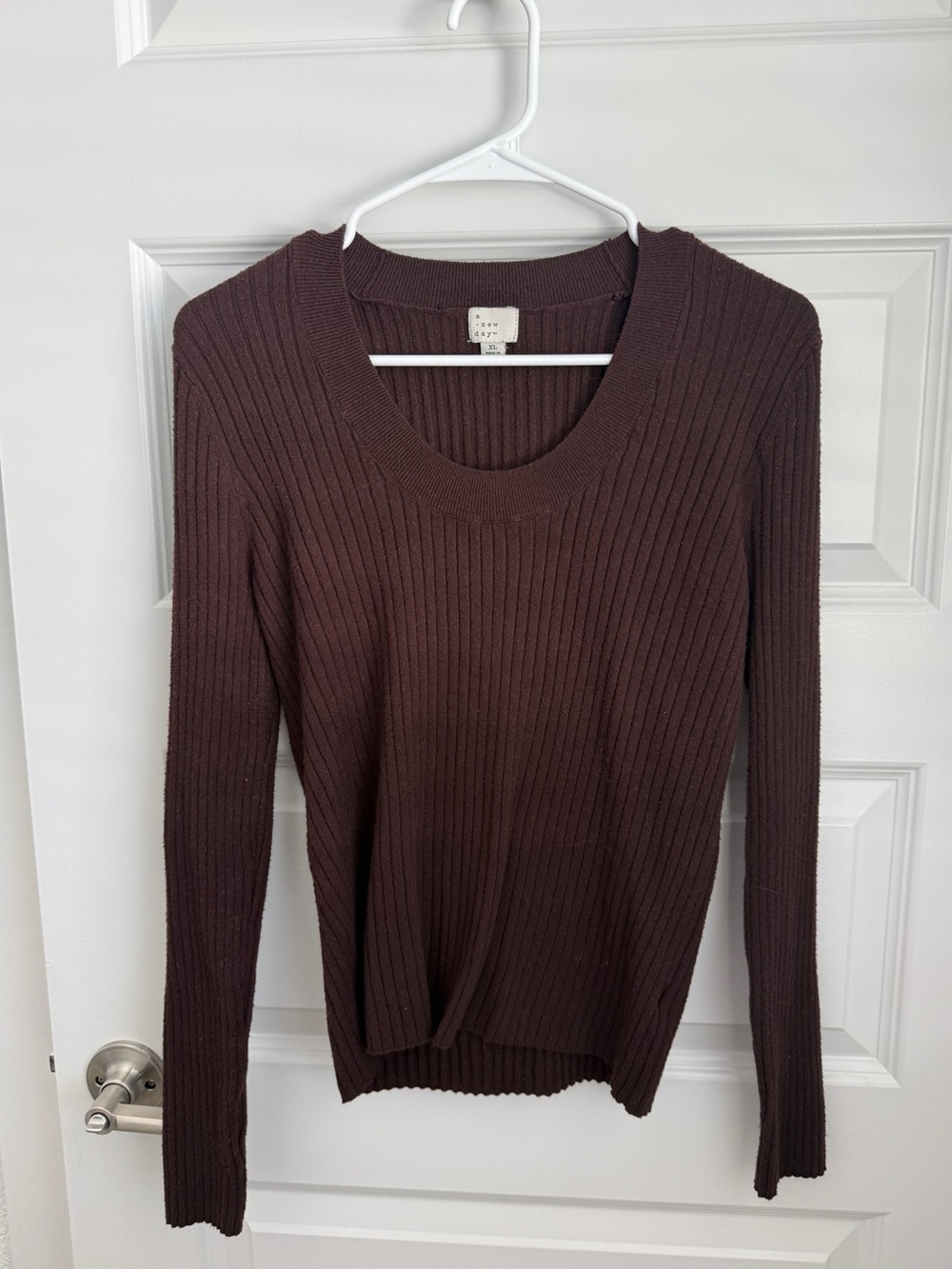 A New Day Brown Ribbed Knit Long Sleeve Sweater Women’s XL Crew Neck Stretch Top